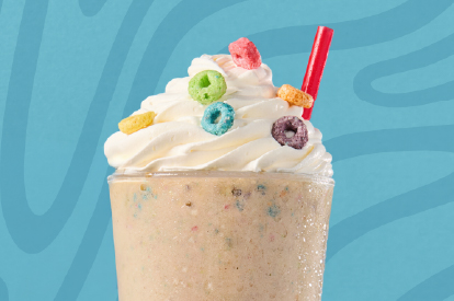 Shake topped with whipped cream and froot loops