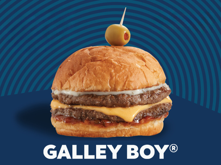 galley boy burger with two sauces, cheese and an olive pick